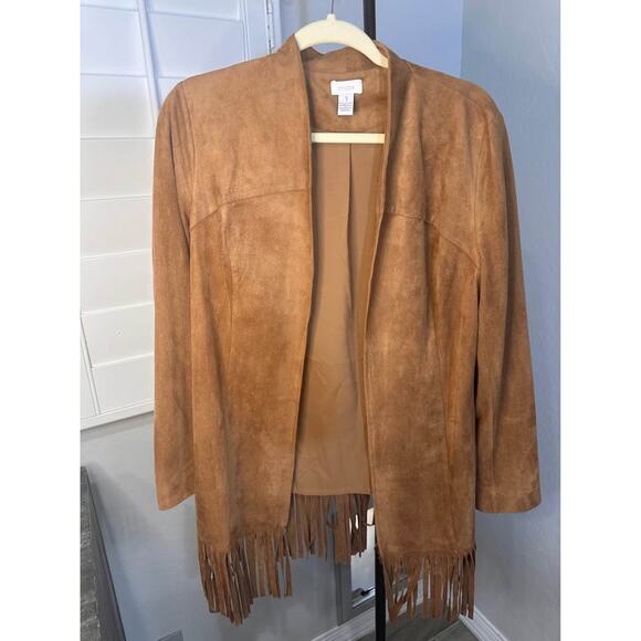 Chicos Faux Suede Fringe Open Front Jacket-size 1 - Picture 1 of 5